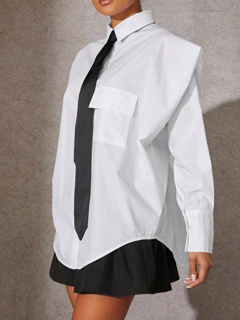 Black And White Casual Women's Tie Front Exaggerated Shoulder Shirt - Picture 6 of 6